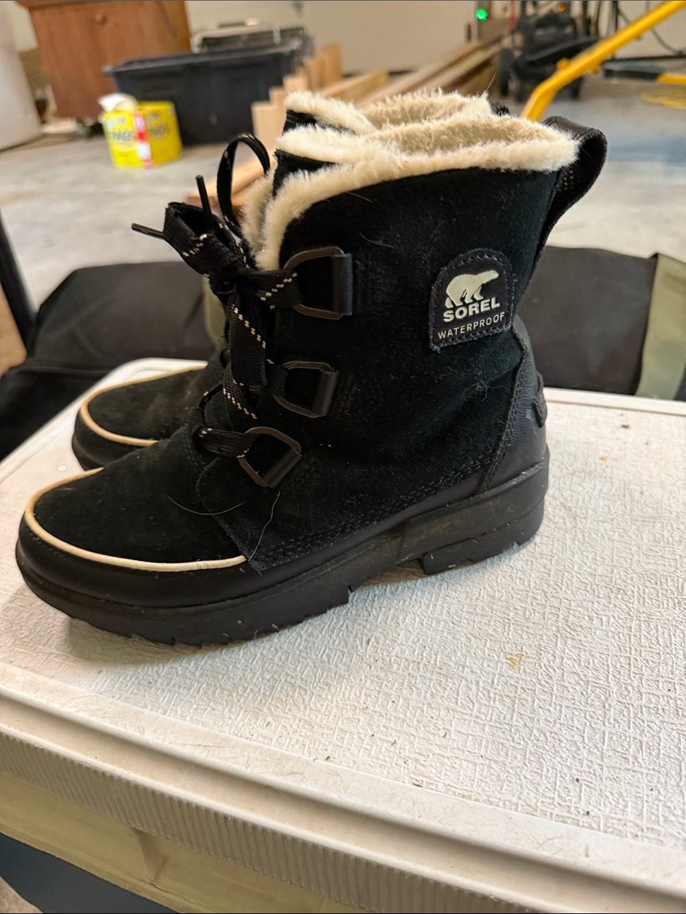 Sorel Black Winter Boots with Cream Faux Fur Trim